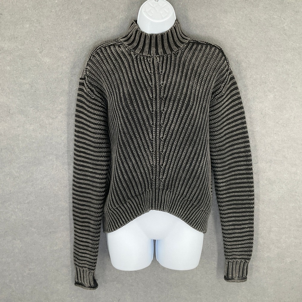 Lucky Brand Sweater XS Ribbed Chunky Knit Mock Neck Black Gray Texture Pullover